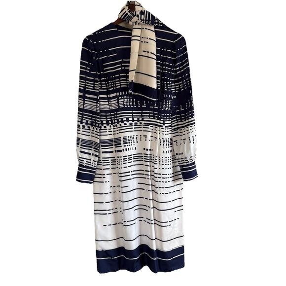 Vintage 80s Elizabeth Arden Navy Blue & White Silk Long Sleeve Midi Dress Sz 12 - Picture 2 of 16
